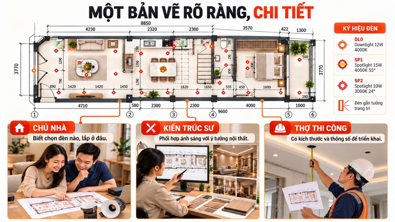 Bản vẽ bố trí đèn chiếu sáng cho mặt bằng nhà ở, kèm ký hiệu đèn và hình ảnh tư vấn thiết kế, thi công, lựa chọn đèn.